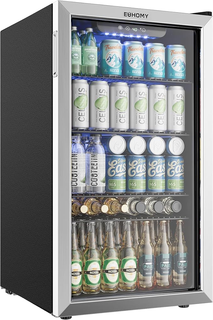 EUHOMY Beverage Refrigerator and Cooler, 128 Can Mini fridge with Glass Door, Small Refrigerator with Adjustable Shelves for Soda Beer or Wine, Perfect for Home/Bar/Office, Silver-DeskLoop Office