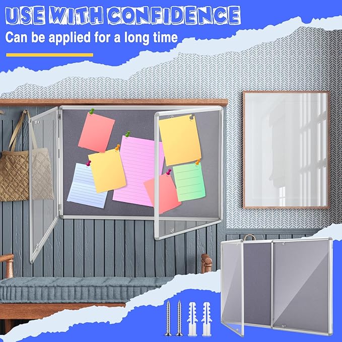 Enclosed Bulletin Board 48" x 36" Weather Resistant Lockable Notice Cork Display Board Wall Mounted 2 Locking Door for School Classroom Commercial Back to School, 12 x A4(Gray, Silver Frame)-DeskLoop Office