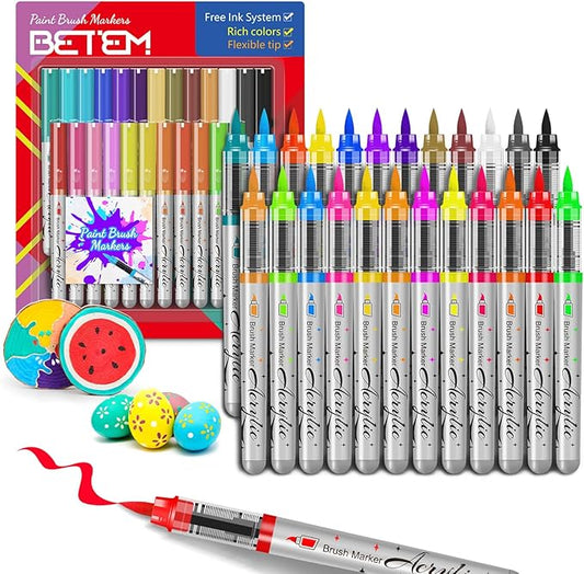 Betem Paint Markers Acrylic Paint Pens, 24 Colors Brush Tip Water Based Markers with Direct Ink System, Permanent Marker Colored Pens, Art Supplies for Rock Painting, Wood, Fabric, DIY Crafts Gift-DeskLoop Office