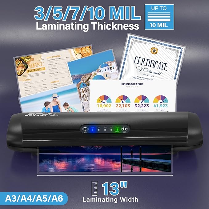 3-10 Mil Commercial Laminator Machine with Laminating Sheets, 4-Roller Jam-Free Thermal Laminator Machine 11x17, Fast Warm-up 13 Inch Laminating Machine, Hot Lamination Machine for Office School Home-DeskLoop Office
