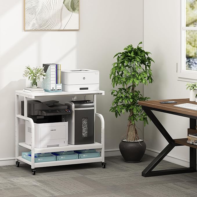 Printer Stand, 32.3" x 18.9" x 32.1" Extra Large Printer Table with Adjustable Storage Shelf, 3 Tier Rolling Printer Cart with Industrial Wheels for Home Office, White-DeskLoop Office