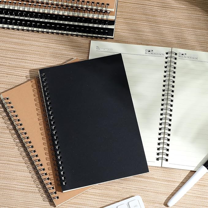 12 Pack Small Spiral Notebook A5 Lined College Ruled Spiral Journal Notebook 5.5 x 8.3 Inch Kraft Cover, 120 Pages for Work Students Office Business(Brown, Black)-DeskLoop Office