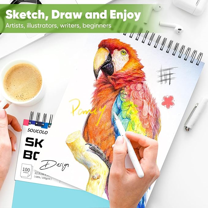 Soucolor 9" x 12" Spiral Bound Blank Sketch Notebook Journal Book- 1-Pack 100 Sheets Acid-Free 68lb/100gsm Paper, Art Sketchbook for Painting, Doodling, Journaling, Kids, Students, Adults, Beginners-DeskLoop Office