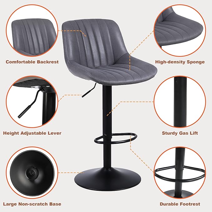 Bar Stools Set of 1, Swivel Counter Height Barstools with Back, Adjustable PU Leather Bar Chairs, Modern Armless Kitchen Island Stool, Dark Grey-DeskLoop Office