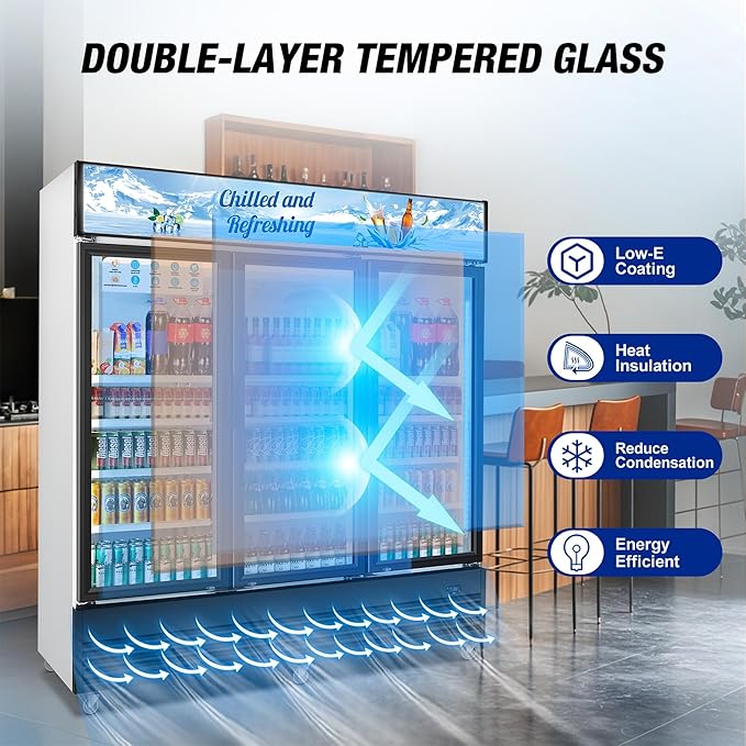 Commercial Beverage Refrigerator, 75" W 60 Cu. Ft. Commercial Drink Fridge, Display Refrigerator with 3 Glass Door, Commercial Display Fridge with 12 Adjustable Shelves, for Shop, Restaurant, Bar-DeskLoop Office