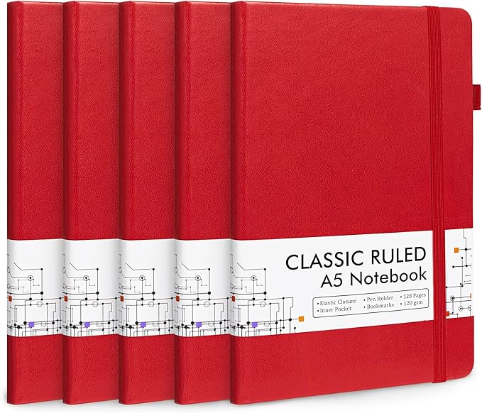 feela 5 Pack Journal Notebook Bulk for School, Hardcover Business Notebooks Classic Ruled Lined Journals with Pen Holder for Work Note Taking, with 5 Black Pens, 120 GSM, 5.1”x8.3”, A5, Red-DeskLoop Office