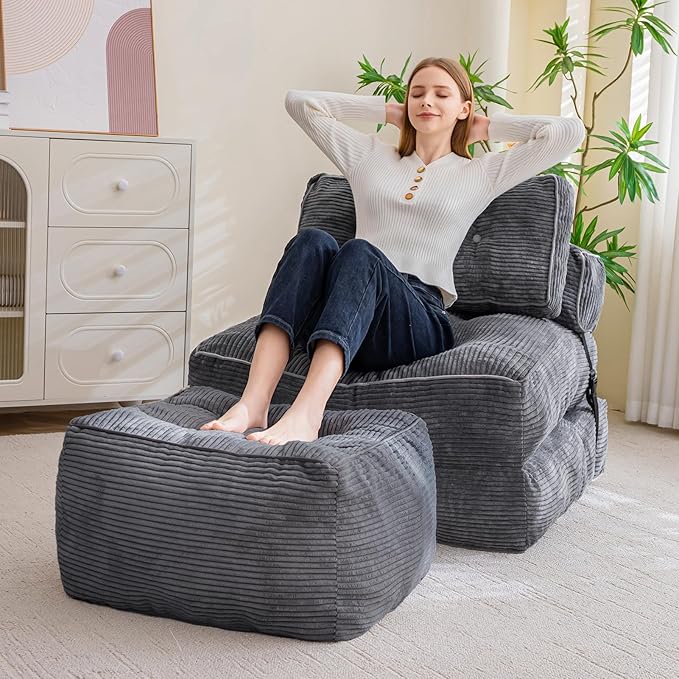 HIGOGOGO Square Stuffed Pouf Ottoman, Corduroy Poufs with Foam Chunk Filling, Furry and Fluffy Pouf Foot Stool Storage Ottoman, 25.6 X 25.6 Floor Poufs Foot Rest for Living Room, Dark Grey-DeskLoop Office