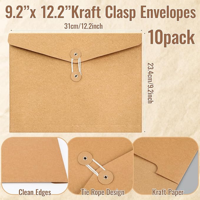 Feifeiya 10 Pack Kraft String Envelope File Folder Brown A4 Letter Size Brown - Image 2