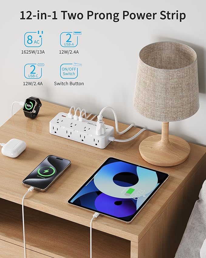 2 Prong Power Strip, 2 to 3 Prong Outlet Adapter with 8 AC & 4 USB Ports (2 USB C), 5FT Extension Cord, 1700J Two Prong Surge Protector, Wall Mountable, Ideal for Old House Non-Grounded Outlets-DeskLoop Office