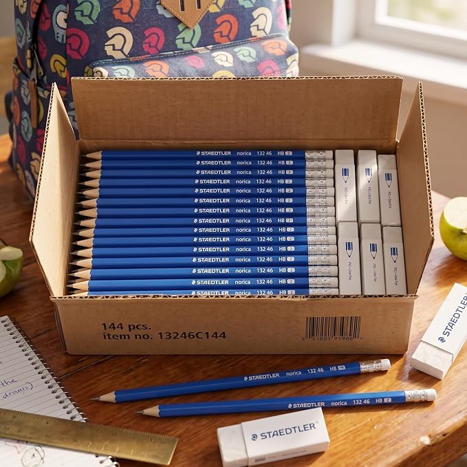 STAEDTLER Norica #2 HB Pencils Class Pack: 144 Pre-Sharpened Pencil + 12 Erasers - Image 7