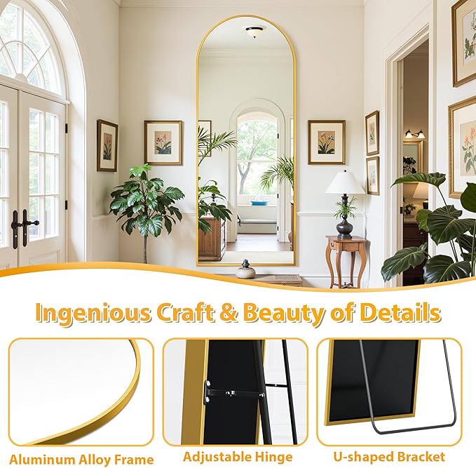 Full Length Mirror, 71"x26" Oversized Floor Mirror Freestanding, Full Body Mirror Floor Standing Mirrors with Stand, Hanging Mounted Mirrors for Bedroom Living Room, Gold, Arched Style-DeskLoop Office