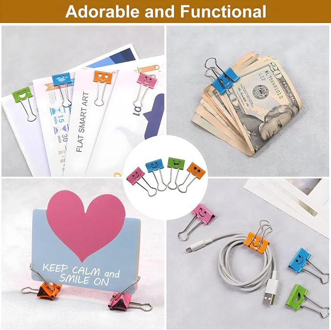 Coideal Cute Smiley Face Binder Clips, 48 Pack 1 Inch Medium Metal Paper Clamps - Image 7