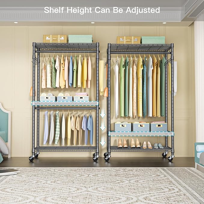 P1 Heavy Duty Garment Rack, 3 Tiers Adjustable Rolling Metal Closet Organizer with Lockable Wheels, FreeStanding Wardrobe with Double Hanger Rods & 1 Pair Hooks, Max Load 450 LBS, Gray-DeskLoop Office
