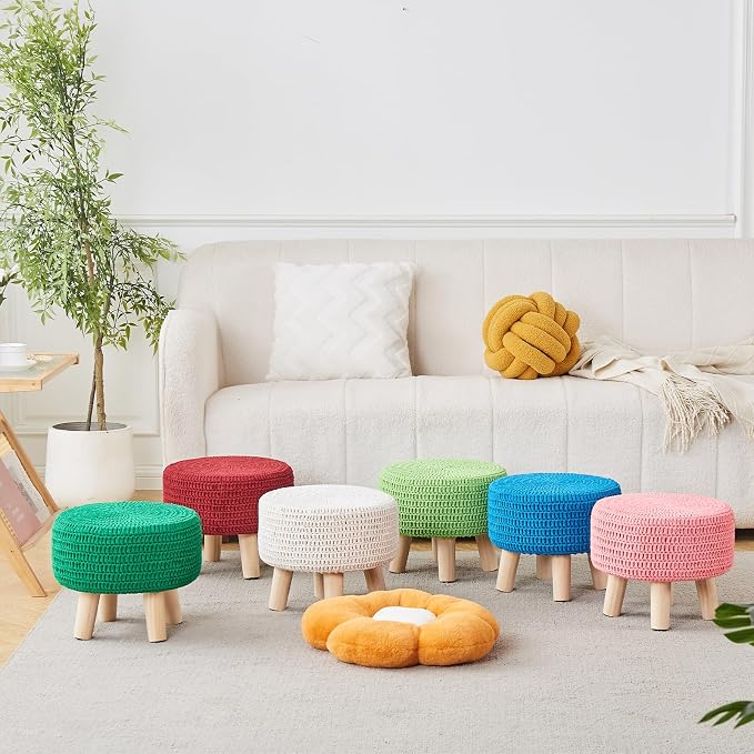 Wimarsbon Pouf Ottoman, 100% Cotton Knitted Boho Footstool, Round Footrest - Image 7