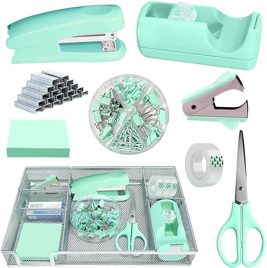 Green Office Desk Accessories, Desk Drawer Organizer, Stapler and Tape by Unknown