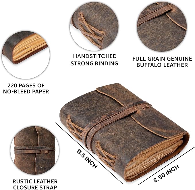 LEATHER VILLAGE Leather Bound Journal - Rustic Brown, 11.5"X8.50", 220 Pages - Vintage Blank Paper Diary for Writing, Drawing, Sketchbook, and Travel Notebook - Ideal for Women and Men-DeskLoop Office