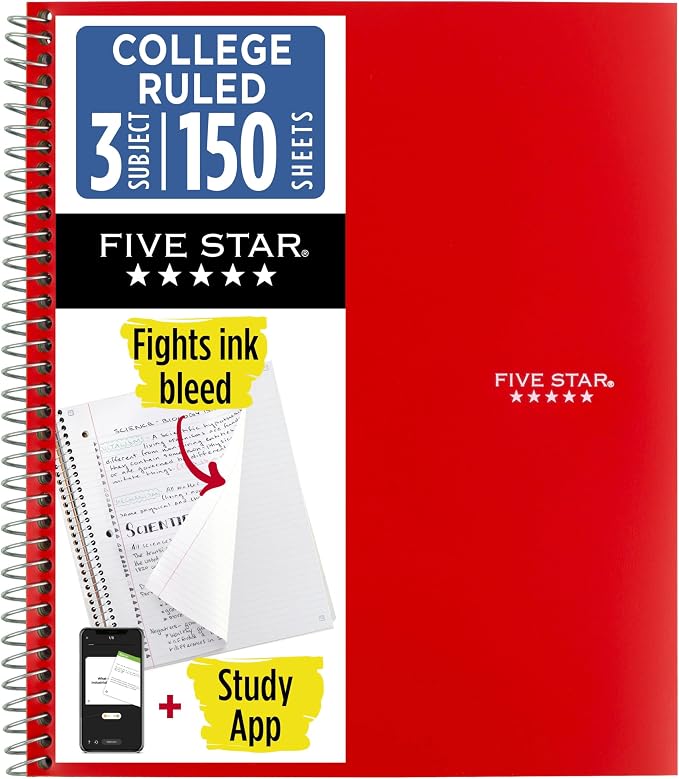 Five Star Spiral Notebook + Study App, 3 Subject, College Ruled Paper, 8-1/2" x by FiveStar