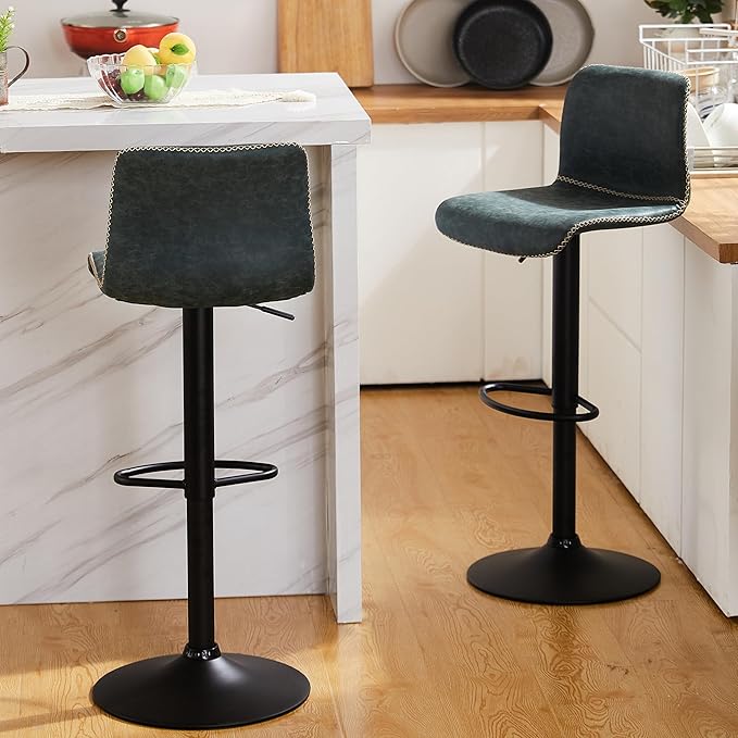 HeuGah Swivel Bar Stools Set of 2, Adjustable Counter Height Barstools with Back, Faux Leather Bar Chairs for Kitchen Island (Deep Teal, Set of 2 (24'' to 32''))-DeskLoop Office
