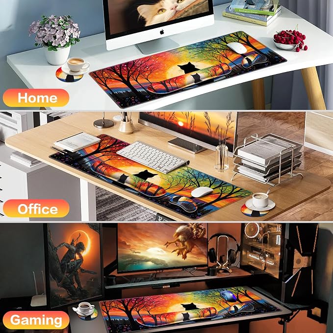 Mouse Pad with Wrist Rest Black Cat, 4-in-1 Large Mousepad+Keyboard Wrist - Image 7