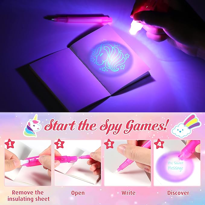 GIFTINBOX Unicorn Party Favors for Kids 4-8, 24Pack Invisible Ink Pen and Notebook, Invisible Ink Spy Pen with UV light for Kids, Classroom Prize Goodie Bag Stuffers Unicorn Toys for Kids Girls-DeskLoop Office