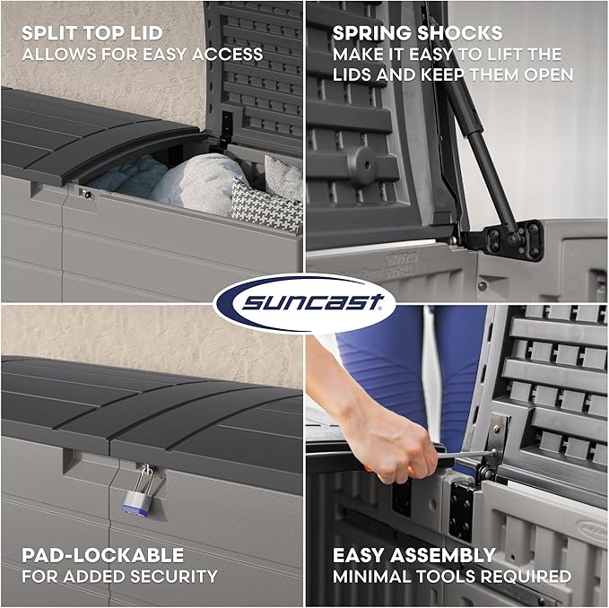 Suncast 120-Gal. All-Weather Patio Deck Box with Pad-Lockable Split Top Lid, Extra-Large Outdoor Storage Unit for Patio Furniture and Grill Tools, Made in the USA-DeskLoop Office