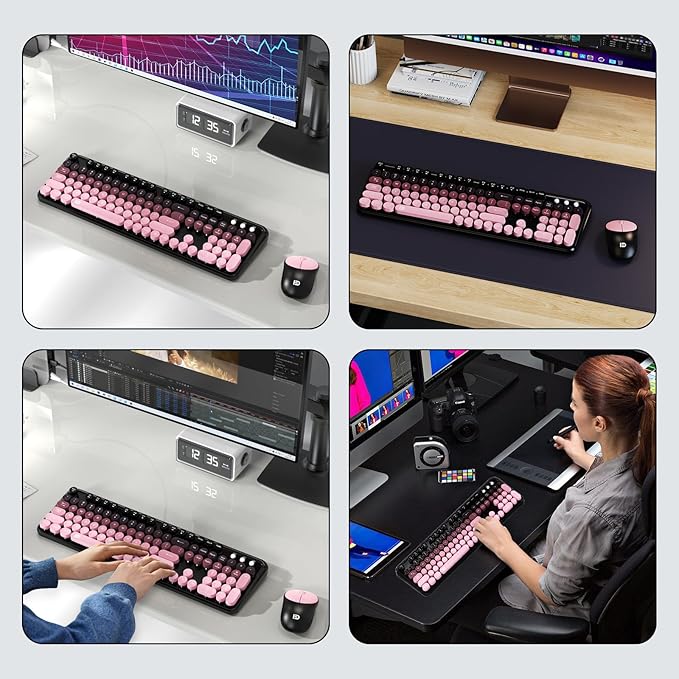 FD Wireless Keyboard and Mouse Combo - 2.4G Full-Sized Cute Colorful Mouse and Keyboard with 104 Round Keys Retro Typewriter Keyboards for Laptop/Windows/PC - Pink Gradient-DeskLoop Office