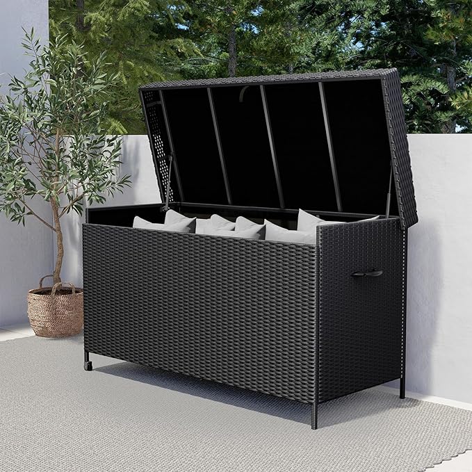 Grand patio 170 Gallon Deck Storage Box Deck Box Outdoor Storage Box Indoor Wicker Storage Bin Patio Storage Box for Patio Furniture Cushions Garden Tools Pool Accessories, Black-DeskLoop Office