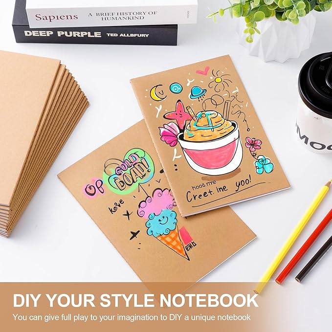 60 Pack A5 Unline Kraft Notebooks, 8.3x5.5inch Blank Journal Notebook Bulk for Drawing & Writing, Small Blank Paper Sketchbook Travel Journal Set for Adult, Paint Beginner and Student, 60 Pages
