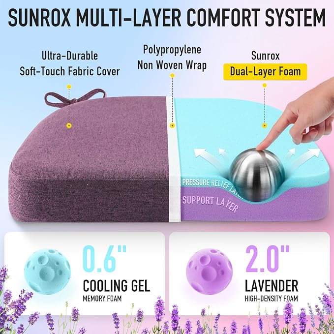 SUNROX Cooling Gel Memory Foam Chair Cushions, 2.6" Thick U-Shaped Dual-Layer - Image 2