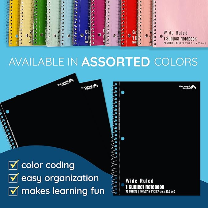 Blue Summit Black Wide Ruled Spiral Notebooks Bulk, 1 Subject Spiral Notebook Wide Ruled, Paper School Bulk Notebooks, 48 Pack-DeskLoop Office