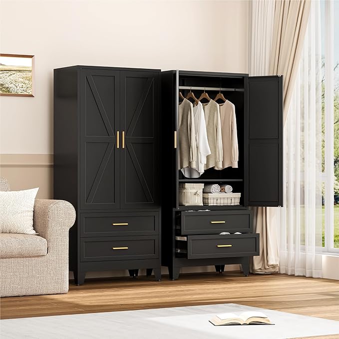 Farmhouse Wardrobe Cabinet with 2 Drawers,Metal Wardrobe Closet with Hanging Rod,Metal Armoire with Adjustable Shelves for Bedroom,Living Room, Cloak Room,Office (Blakc)-DeskLoop Office