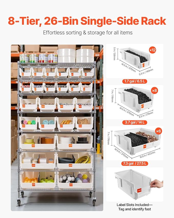 VEVOR 8-Tier Rolling Bin Storage Rack, 26 Organizer Bins, Bin Rack Storage - Image 4