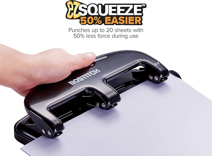 Bostitch Office EZ Squeeze 20 Sheet Standard 3 Hole Punch, Metal Construction - Image 2