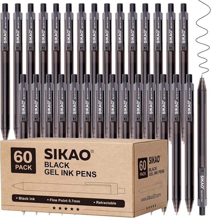 Black Gel Pens Bulk, 60 Pack Retractable Black Gel Ink Pens | 0.7mm Fine Point by Sikao