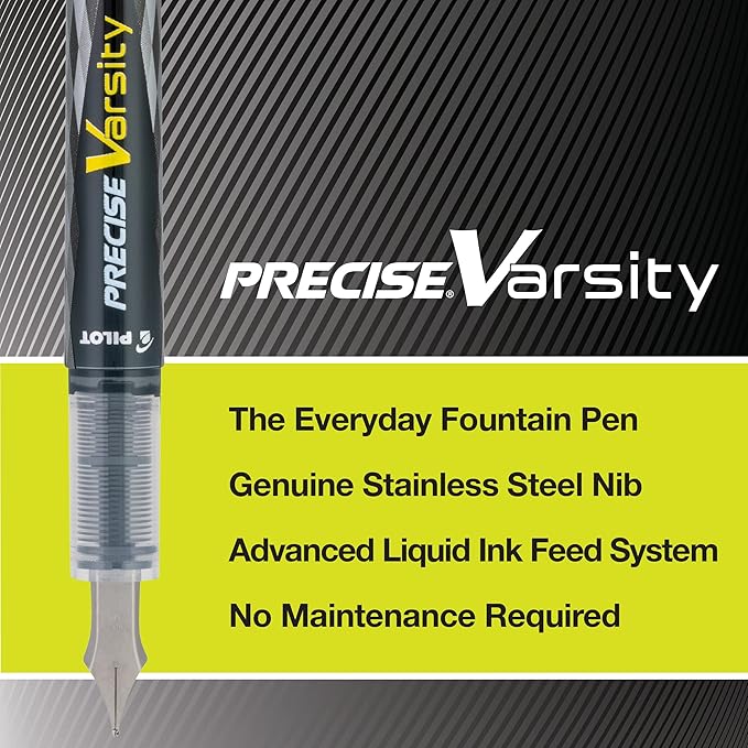 PILOT Pen 90029 Precise Varsity Pre-Filled Fountain Pens, Medium Point Stainless Steel Nib, Black/Blue/Red/Pink/Green/Purple/Turquoise, 7-Pack Pouch