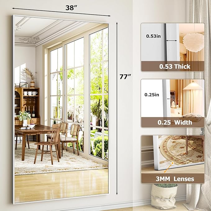 Full Length Mirror with Stand 38"x77" Full Body Mirror Floor Mirror Standing Hanging or Leaning Wall, Wall Mirror with Stand Aluminum Alloy Frame for Living Room Bedroom Cloakroom,Silver-DeskLoop Office