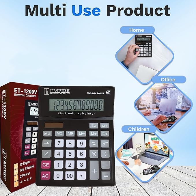 Empire Desk Calculator with Large Key Buttons, 12 Digits, Large Eye-Angled Display, Solar and Battery Powered for Home and Office (Battery Included)-DeskLoop Office