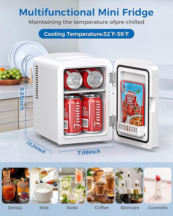 4L/6 Cans Mini Fridge, Portable Compact Refrigerator, Small Skin Care Fridge, Food and Drinks, Small Cooler for Bedroom, Dorm, Car, Office, White-DeskLoop Office