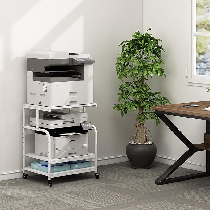 White Printer Stand, 23.6 x18.9 x 30 Inches Big Size Printer Table with Adjustable Shelf, 3 Tier Rolling Printer Cart with Wheels for Home Office Storage and Organization-DeskLoop Office