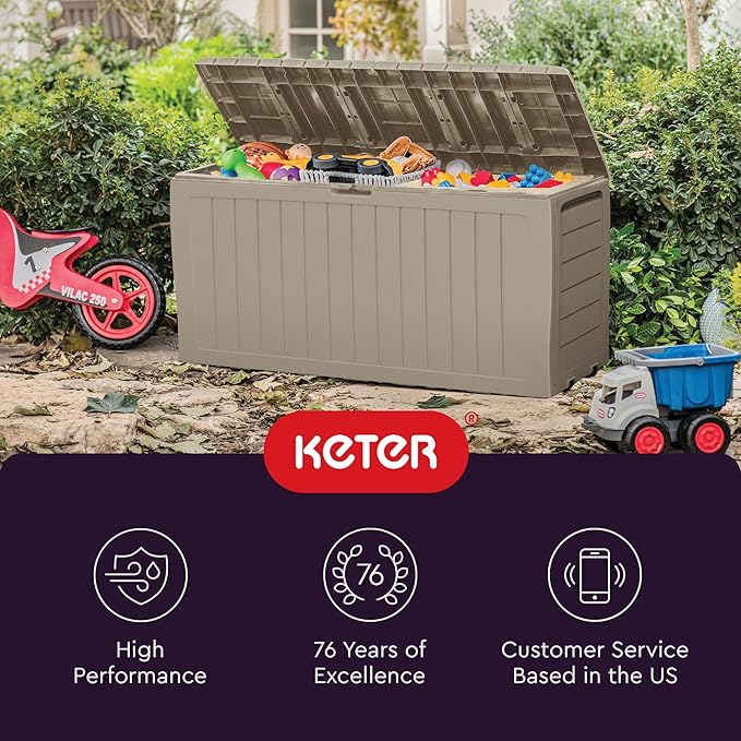 Keter Marvel Plus 71 Gallon Resin Deck Box-Organization and Storage for Patio Furniture Outdoor Cushions, Throw Pillows, Garden Tools and Pool Floats, Beige-DeskLoop Office