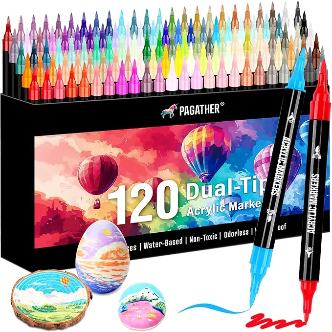 120 Colors Acrylic Paint Markers, Dual Tip Fine Tip and Brush Tip Pens Contain 24 Metallic Color for Stone, Wood, Calligraphy, Canvas, Ceramic, Metal, Glass, Rock Painting, DIY Crafts-DeskLoop Office