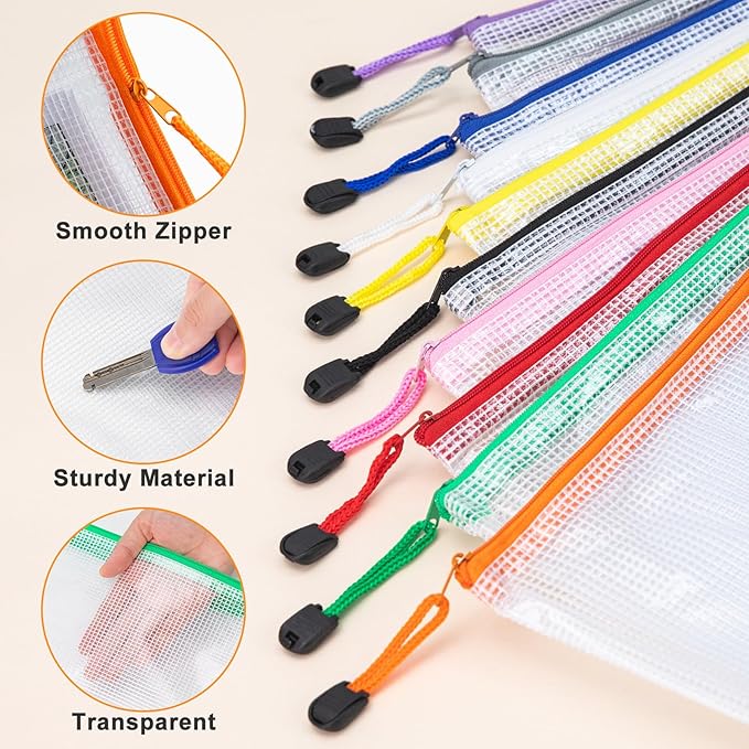 12pcs Mesh Zipper Pouch Bags, Waterproof A4 Letter Size Puzzle Bag for Organizing, Storage, Board Games and Office Supplies, 12 Colors-DeskLoop Office