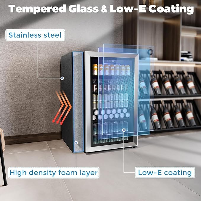 Kndko Beverage Refrigerator Cooler - 130 Can Mini Fridge with Adjustable Shelves, Glass Door, Digital Temperature Control, LED Lighting, Energy Efficient for Home, Office, Bar - 3.2 Cu.Ft, Silver-DeskLoop Office