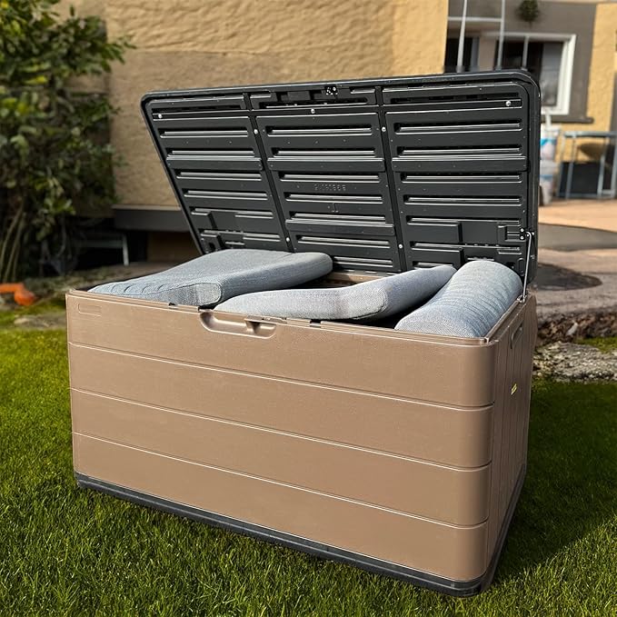 100 Gallon Plus Resin Deck Box, Waterproof Outdoor Storage Bin for Patio Furniture, Pool Accessories, and Garden Tools, Lockable & UV-Resistant, Brown-DeskLoop Office