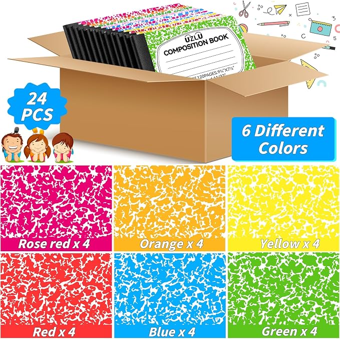 24 Pack 9.75 x 7.5 in Large Composition Notebooks Bulk 6 Color Wide Ruled - Image 3