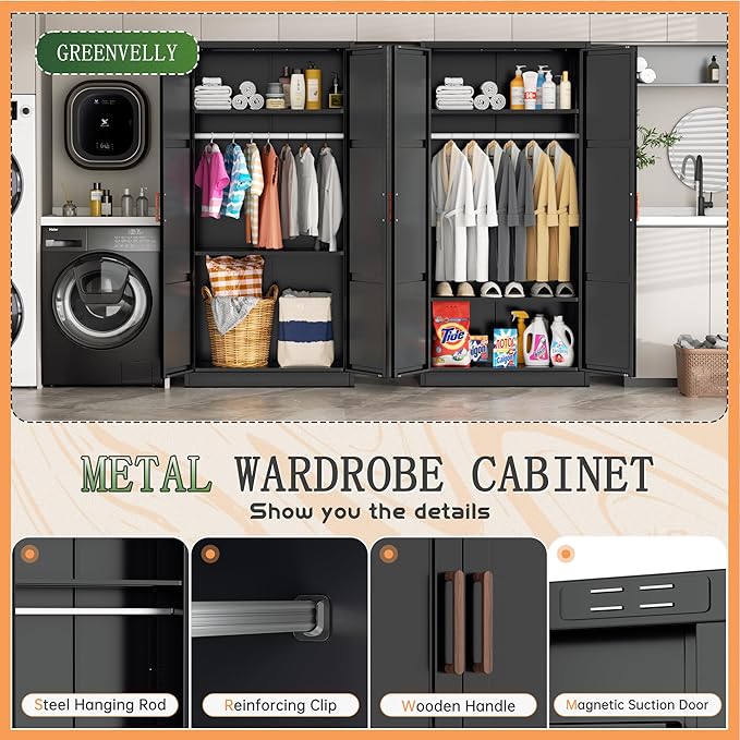 Greenvelly Metal Wardrobe Cabinet, 72" Black Armoire Metal Wardrobe Closet for Hanging Clothes with Wooden Handle, Modern Clothes Cabinet for Home, Office,Bedroom, School,Gym-DeskLoop Office