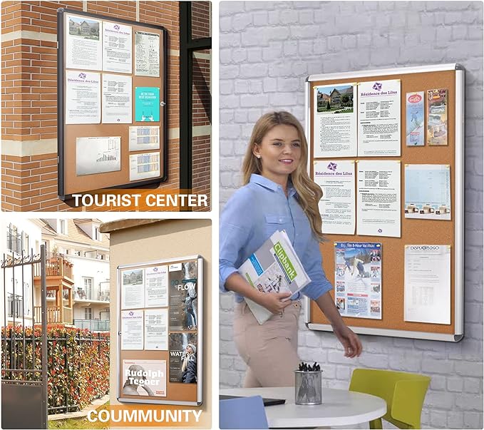 SWANCROWN Enclosed Bulletin Board,Lockable Cork Noticeboard for School Office,Wall Display Case with Lock 20"x14"(2xA4)-DeskLoop Office