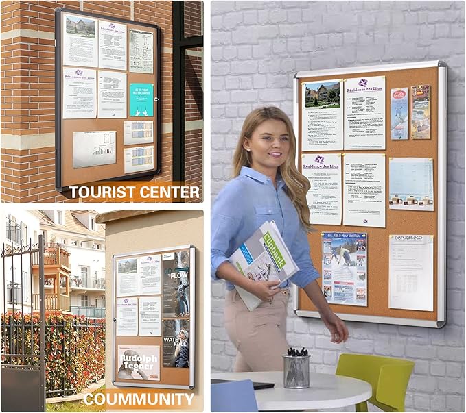 SWANCROWN Enclosed Bulletin Board Tamper-Proof Cork Noticeboard Secure Information Board with Acrylic Door 26x20inch (4xA4)