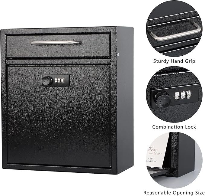 KYODOLED Steel Combination Lock Mail Boxes Outdoor,Locking Wall Mount Mailbox,Security Key Drop Box,12H x 10.51L x 4.68W Inches,Black Large-DeskLoop Office