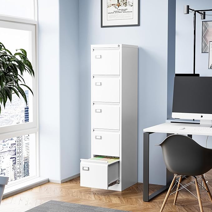 5 Drawer File Cabinet, Filing Cabinets for Home Office, Vertical File Cabinet with Lock, 61.6" H Locking File Cabinet for A4 Legal/Letter, Assembly Required (White)-DeskLoop Office